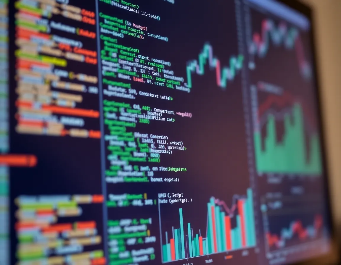 A close-up shot of a computer screen showing complex code and financial graphs, representing data analysis.