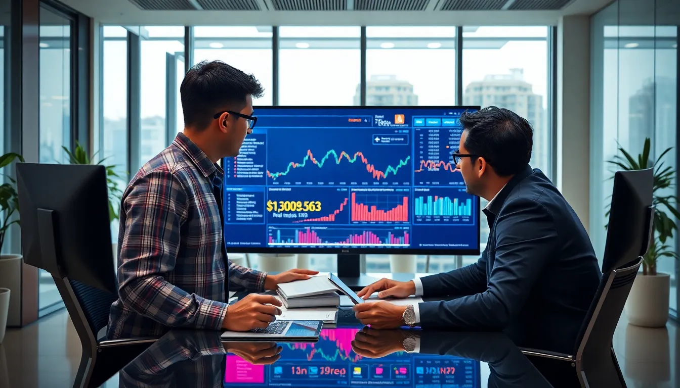 A modern office interior with analysts collaborating around a large screen displaying financial data.